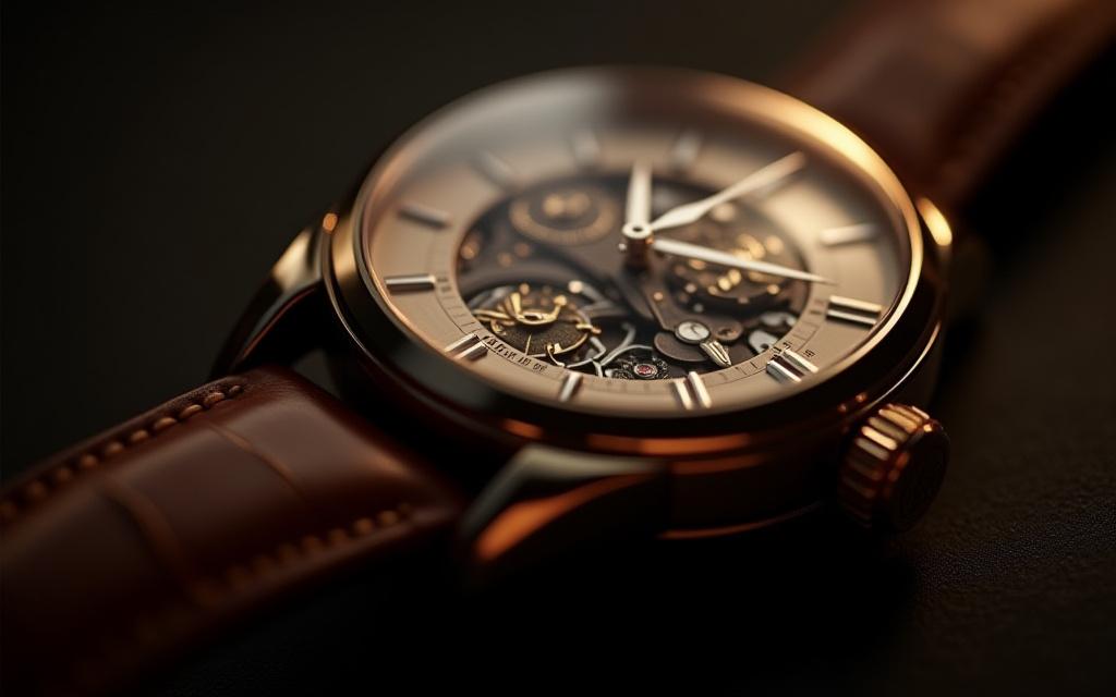 Dettaglio macro di un lussuoso orologio vintage che mostra la sua complessa fattura.