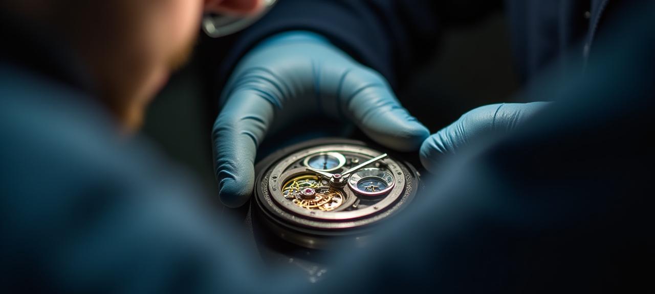 Un orologiaio che ispeziona il movimento di un orologio con una lente di ingrandimento, simbolo di precisione.