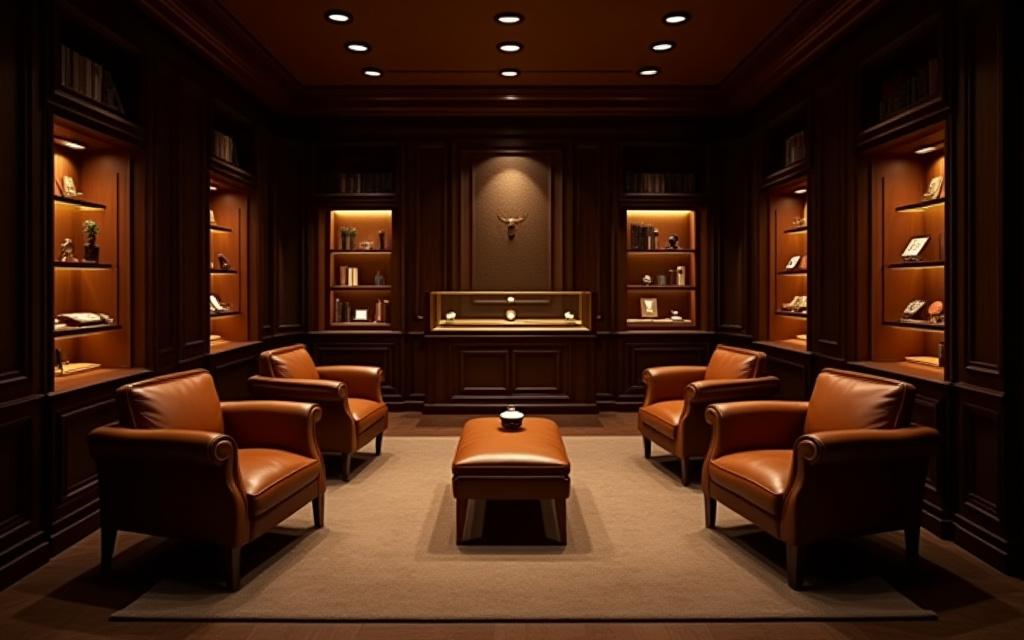 Interni lussuosi di uno showroom privato con poltrone in pelle e vetrine illuminate.